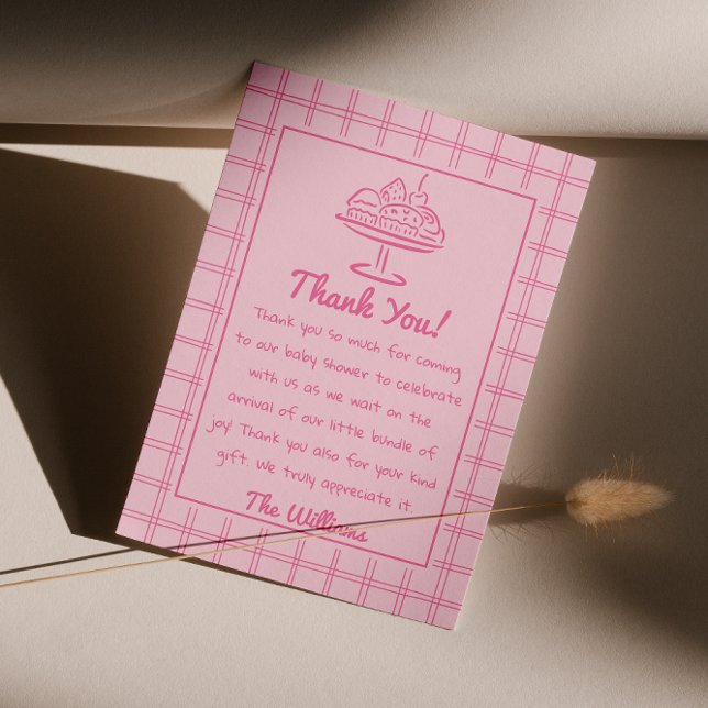 Drawn Pink Bun In The Oven Girl Bread Baby Shower Thank You Card (Creator Uploaded)