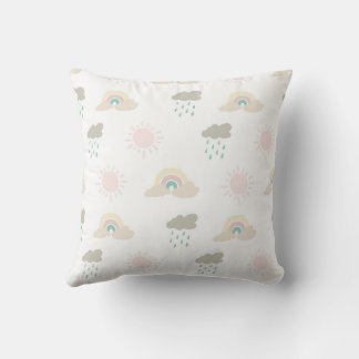 drawn rainbow, sun and clouds.  throw pillow