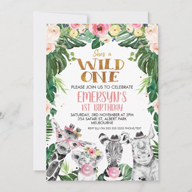 Drawn Safari Animals Floral Wild One Birthday Invitation (Front)