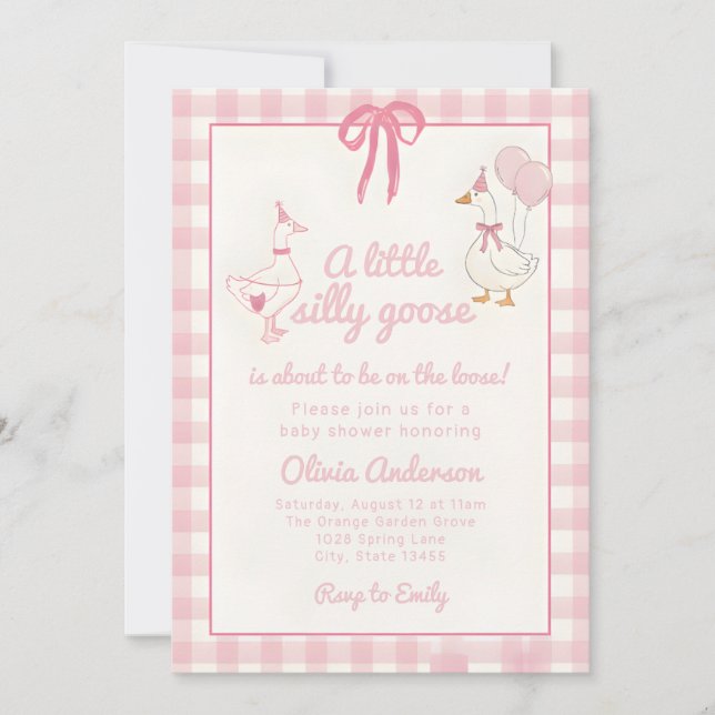 Drawn Silly Goose pink Gingham Ribbon Baby Shower Invitation (Front)
