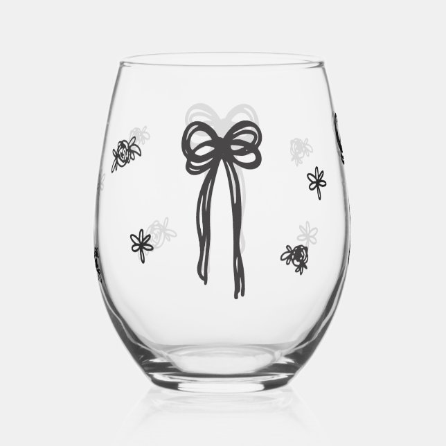 Drawn Together Bow Wedding Stemless Wine Glass (Front)