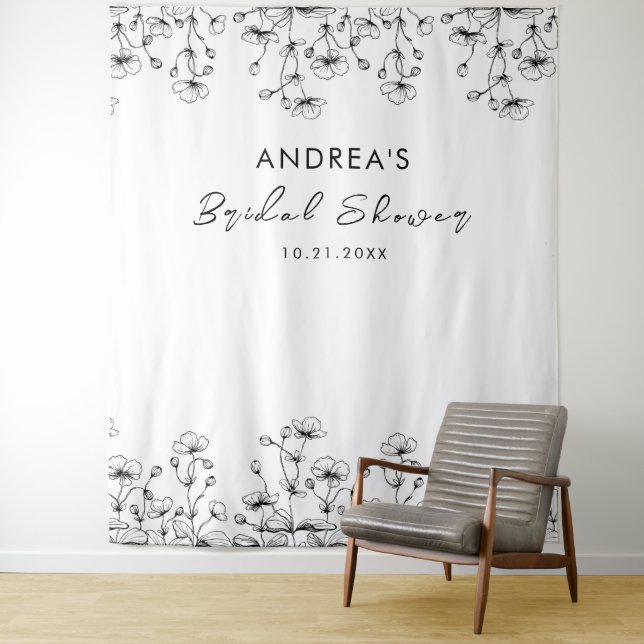 Drawn Wildflowers White Bridal Shower Backdrop Tapestry (In Situ)
