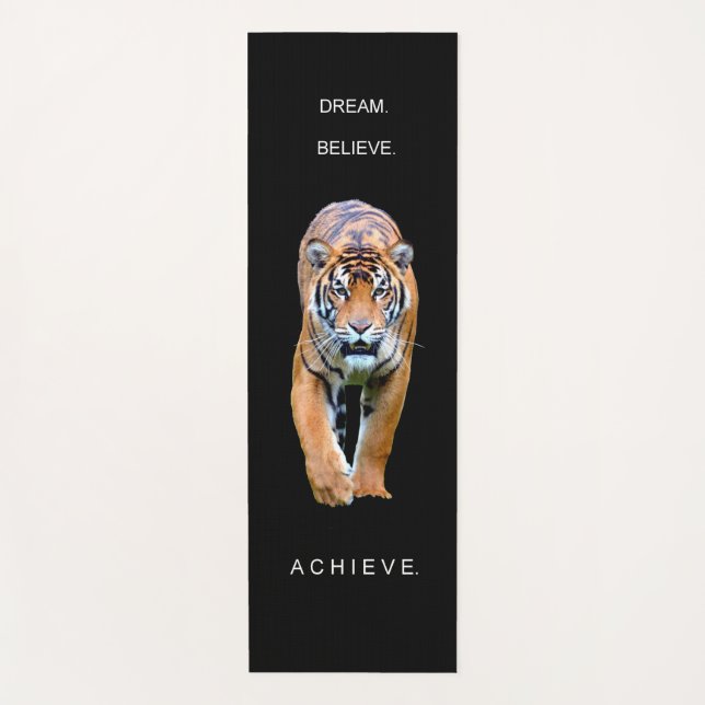 Dream Believe Achieve Motivational Tiger Black Yoga Mat (Front)