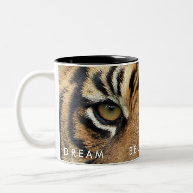 Dream Believe Achieve Tiger Eyes Motivational Two-Tone Coffee Mug (Left)