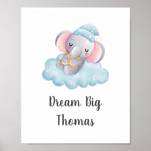 Dream Big Blue Elephant Baby Boy Nursery Wall Art (Front)