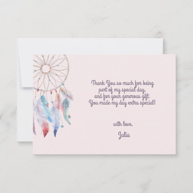 Dream Big Boho Dreamcatcher kids Birthday Thank You Card (Front)