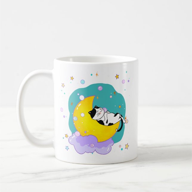 "Dream Big" Cat Sleep on Moon Inspirational Quote Coffee Mug (Left)
