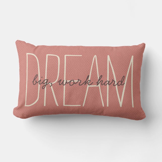 Dream Big Decorative Coral & Cream Quote Script Lumbar Pillow (Front)