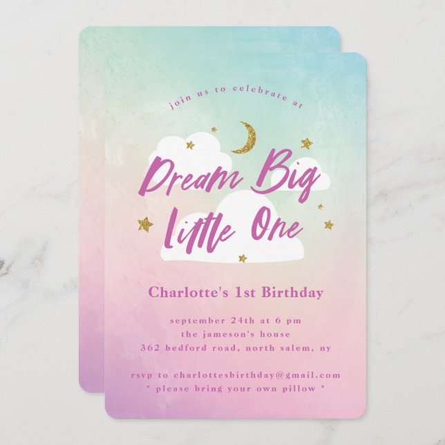 Dream Big Little One 1st Birthday Invitation (Devant / Derrière)