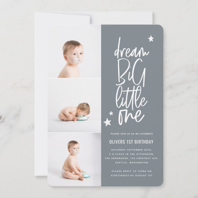Dream big little one 1st birthday photo card (Front)