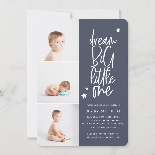 Dream big little one 1st birthday photo card (Front)