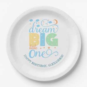 Dream Big Little One Blue Baby Boy 1st Birthday Paper Plate