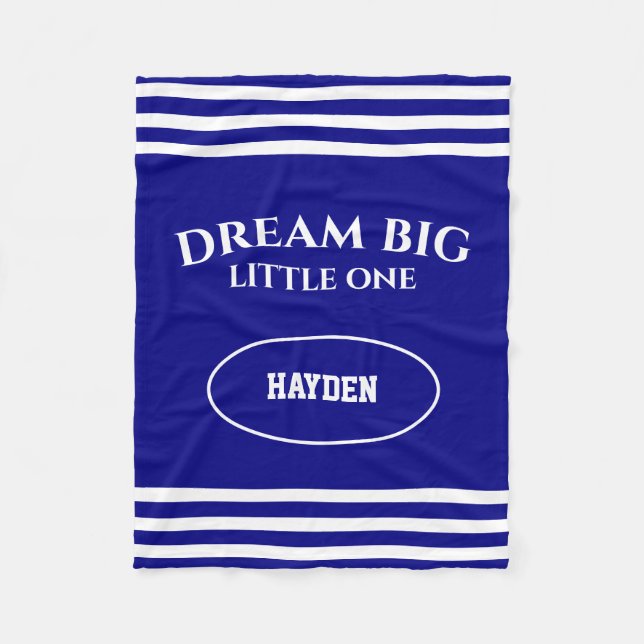 Dream Big Little One Child's Name Navy Blue Fleece Blanket (Front)