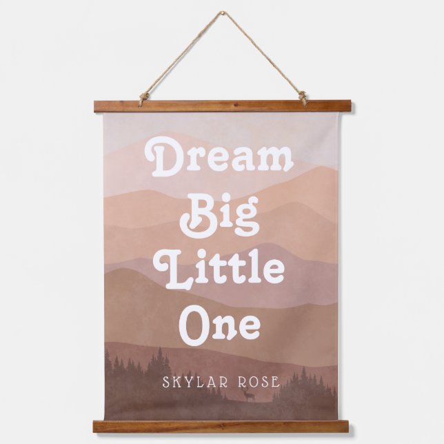 Dream Big Little One Pink Boho Mountains Nursery Hanging Tapestry (Front)