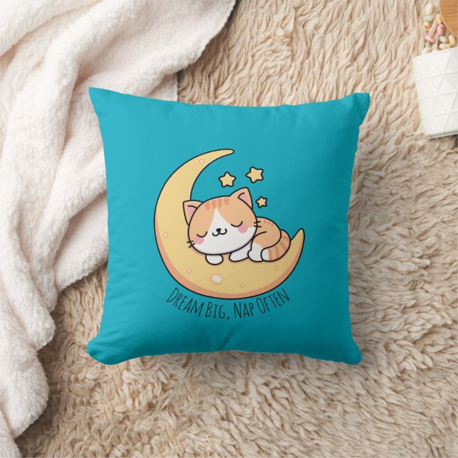 Dream Big Nap Often Cat On Moon Throw Pillow (Blanket)