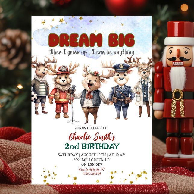 Dream Big Reindeer Career Theme Kids Birthday Invitation (Creator Uploaded)