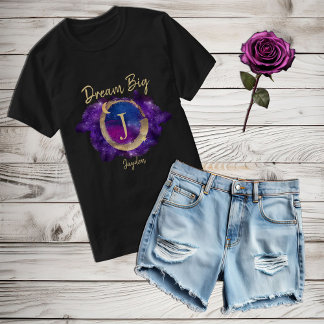 Dream Big Space Galaxy Metallic Gold Monogram Name T-Shirt