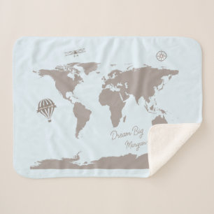 Dream Big World Traveller Blue Personalized baby Sherpa Blanket