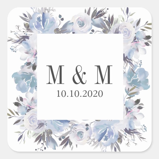 Dream Blue Botanical Frame Wedding Monogram Square Sticker (Front)