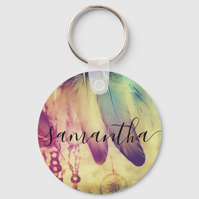 Dream Boho Bohemian Style Dreamcatcher Feathers  Keychain (Front)