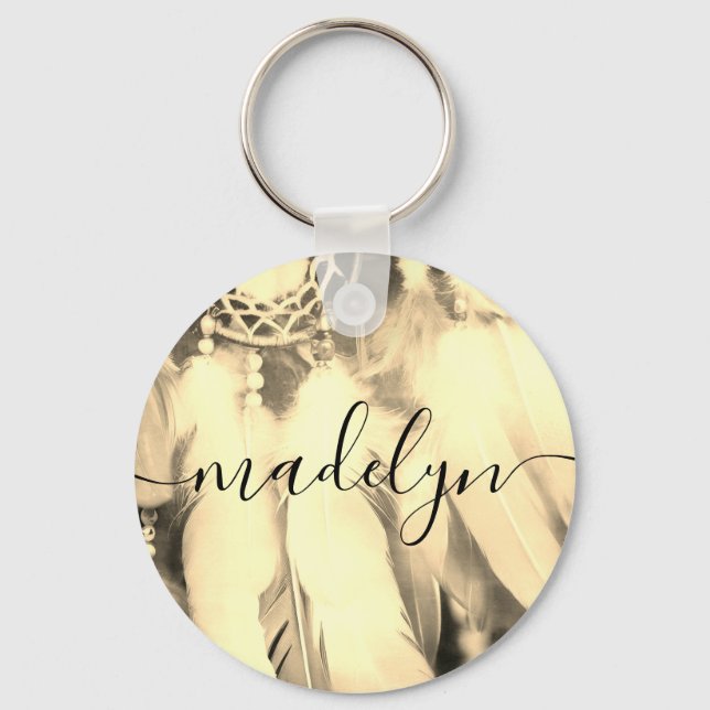 Dream Boho Bohemian Style Dreamcatcher Feathers  Keychain (Front)