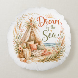 Dream by the Sea Boho Beach with Coastal Sunset Round Pillow