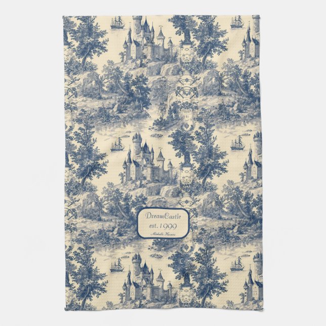 Dream Castle Classic Blue and Ivory Toile de Jouy Kitchen Towel (Vertical)