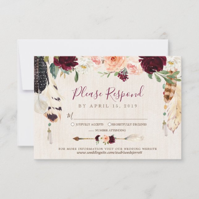 Dream Catcher Moon Peach & Burgundy Boho Wedding RSVP Card (Front)