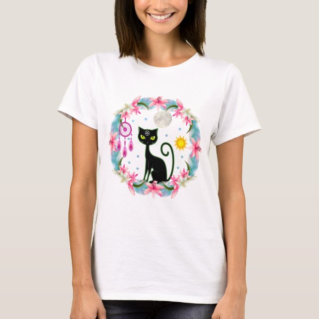 Dream Catcher Moon Stars Sun Black Wiccan Cat T-Shirt (Front)