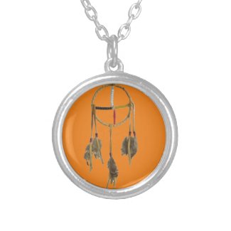 Dream Catcher Orange Silver Plated Round Necklace