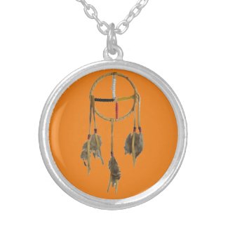Dream Catcher Orange Silver Plated Round Necklace