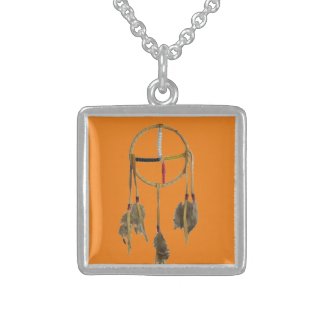 Dream Catcher Orange Sterling Silver Squr Necklace