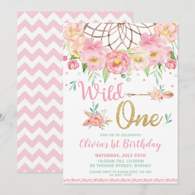 Dream Catcher Wild One 1st Birthday Boho Floral Invitation (Front/Back)