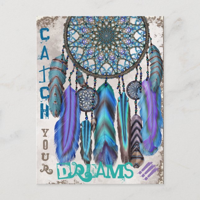 Dream catcher with a magic bird turquoise feathers postcard (Front)