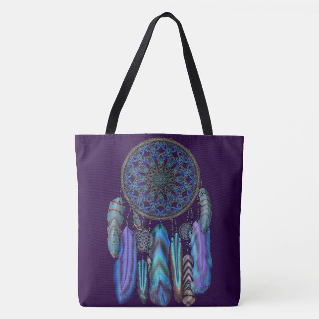 Dream catcher with a magic bird turquoise feathers tote bag (Front)