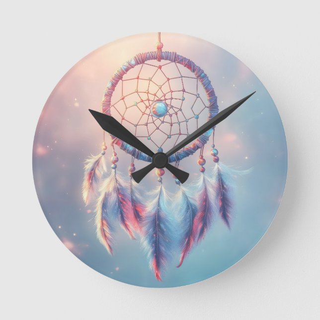 Dream Catcher with Soft Feathers and Beads Round Clock (Front)
