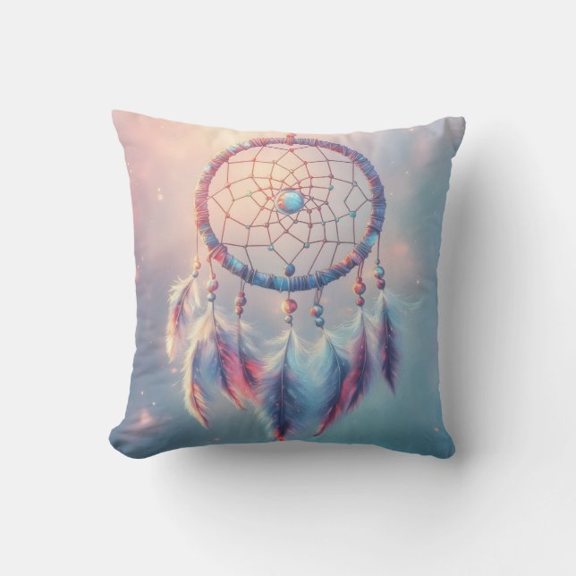 Dream Catcher with Soft Feathers and Beads Throw Pillow (Front)