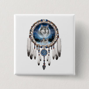 Dream Catcher with wolf background 2 Inch Square Button
