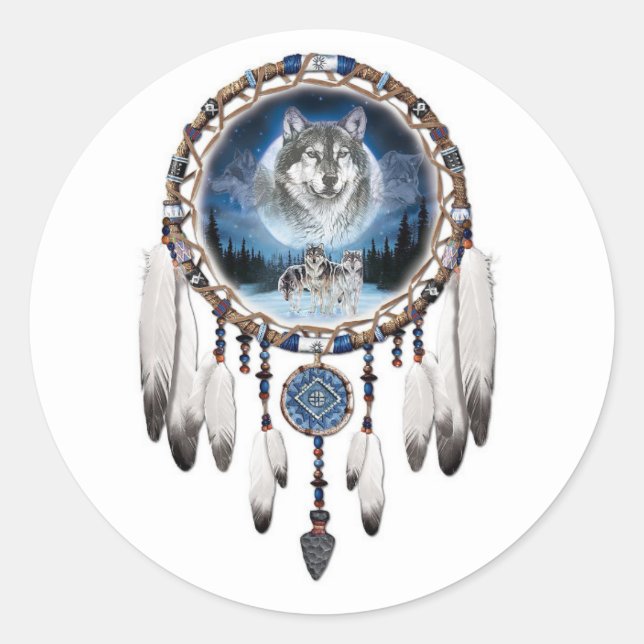 Dream Catcher with wolf background Classic Round Sticker (Front)