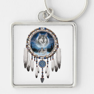 Dream catcher with wolf background keychain