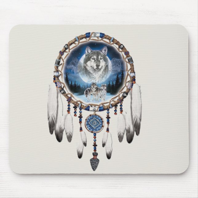 Dream Catcher with wolf background Mouse Pad (Front)