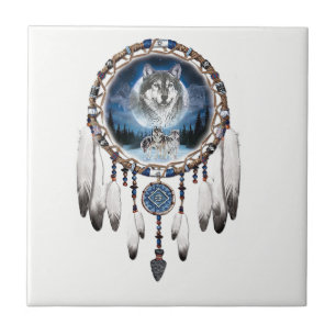 Dream Catcher with wolf background Tile
