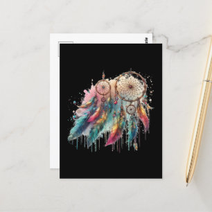 dream catchers and multicolored feathers postcard