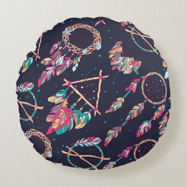 Dream catchers: vintage seamless pattern. round pillow (Front)