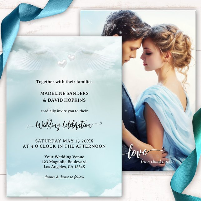 Dream Cloud Nine Angel Wings Wedding Invitation (Wedding invitation featuring a romantic dream cloud nine design with angel wings. Heavenly blessings)