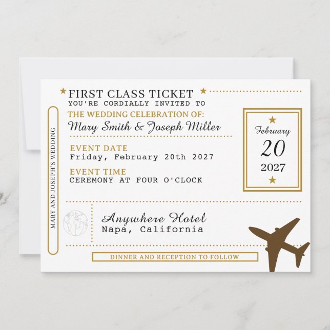Dream Destination Wedding Black & Gold Ticket  Invitation (Front)