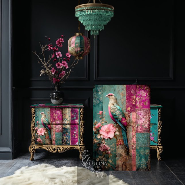 Dream Dynasty, Bird & Floral Patchwork Collage Tissue Paper (Dream Dynasty, Bird & Floral, Chinoiserie, Patchwork Collage Decoupage Tissue Paper.)