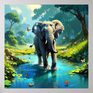 Dream Elephant with Butterflies in River Poster