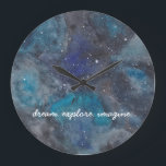 Dream Explore Imagine Inspirational Galaxy Space Large Clock<br><div class="desc">Inspire the space or science lover in your life with this space themed clock featuring a hand-painted galaxy filled with stars and planets. Featuring the words "dream", "explore" and "imagine". Text is fully customizable. Part of a collection from parcel studios.</div>