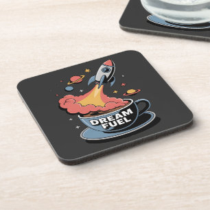 Dream Fuel Graphic: Rocket Launching from Coffee Coaster